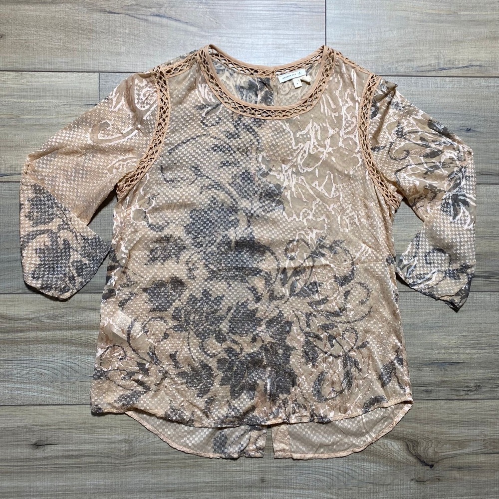 Meadow Rue Anthropologie Womens Floral Sheer Back Button Blouse S Peach Brown - Picture 1 of 8